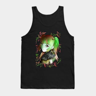 Green witch girl with black kitten for anime fans Tank Top